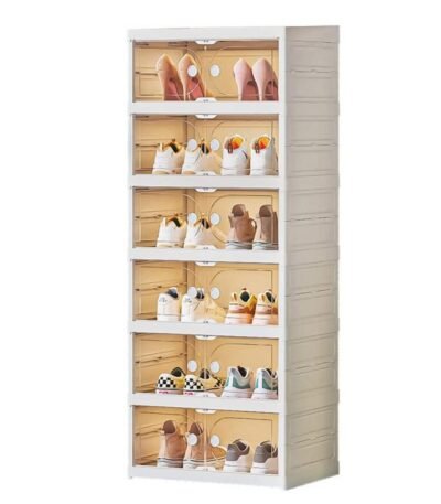 Zapatero organizador plegable apilable con cierre magnético y ruedas