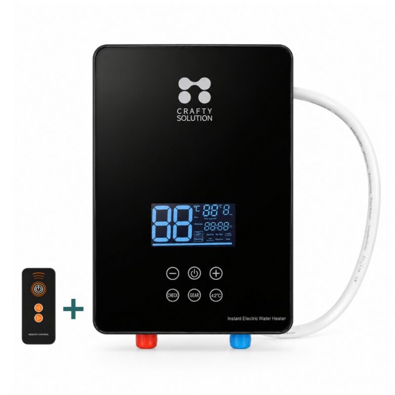 Calentador de agua eléctrico instantáneo de 6000W instalado en baño, con ducha de mano y diseño compacto