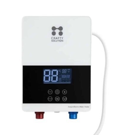 Calentador de agua eléctrico instantáneo de 6000W instalado en baño, con ducha de mano y diseño compacto