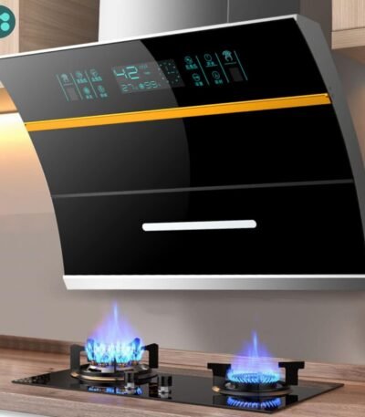 Campana extractora inteligente de cocina con control por voz AI, doble motor y vidrio templado.