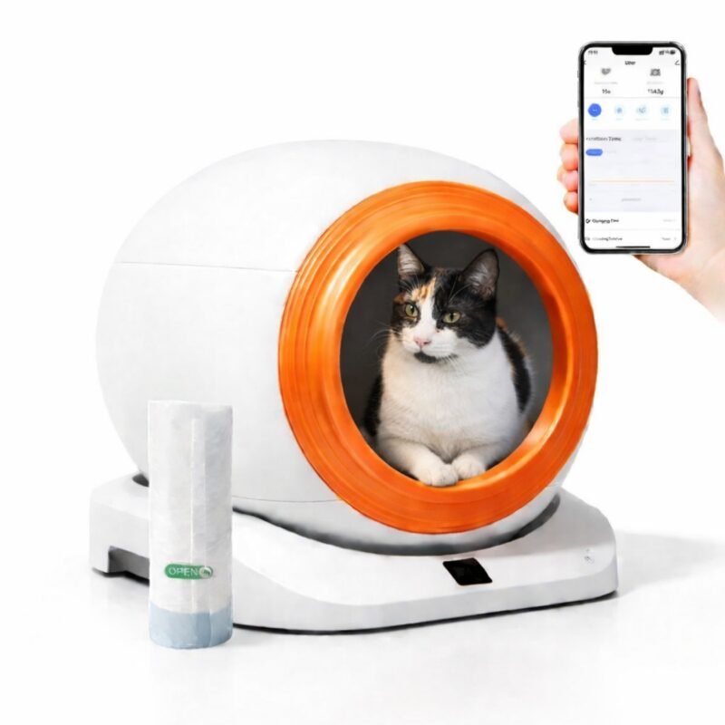 Caja de arena inteligente Q-Clean para gatos con pantalla visual, sensores de seguridad, spray desodorizante y diseño compacto