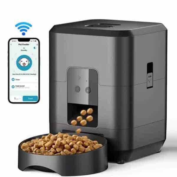 Comedero automático programable para mascotas con pantalla LCD y diseño moderno en color negro