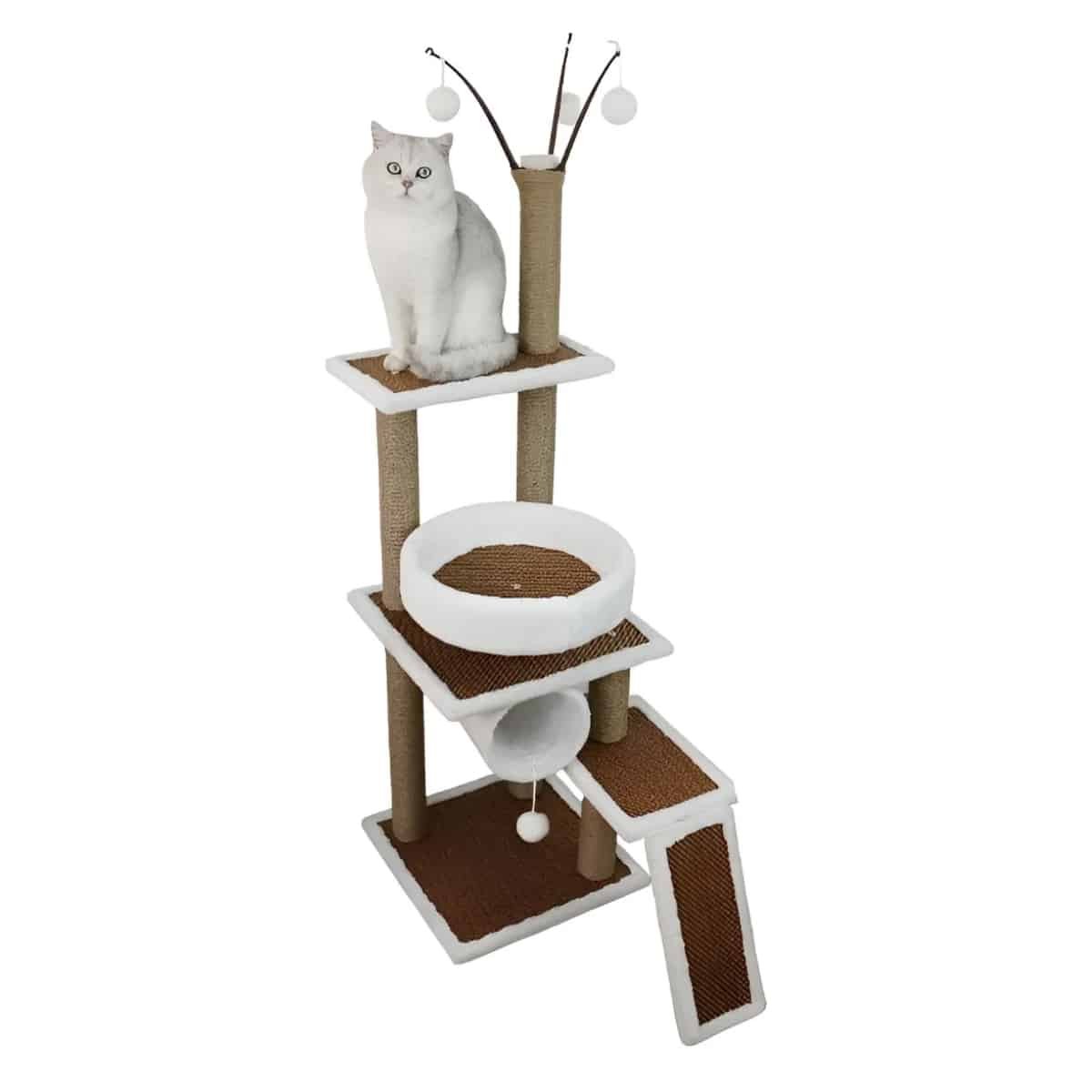 rascador-torre-gimnasio-alfombrado-blanco Rascador torre gatos madera natural y plataformas