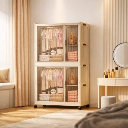 Mueble Contenedor Ropero Plástico Plegable 2 niveles con barral y ruedas
