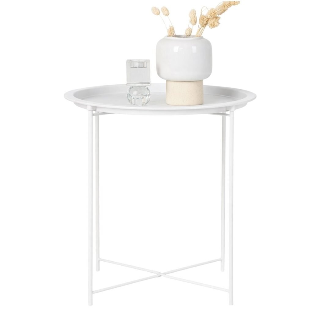 Mesa auxiliar plegable redonda – metal resistente para interior y exterior