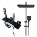 Columna de ducha moderna 4 funciones con panel digital negro de acero inoxidable, diseño elegante y ahorro de agua