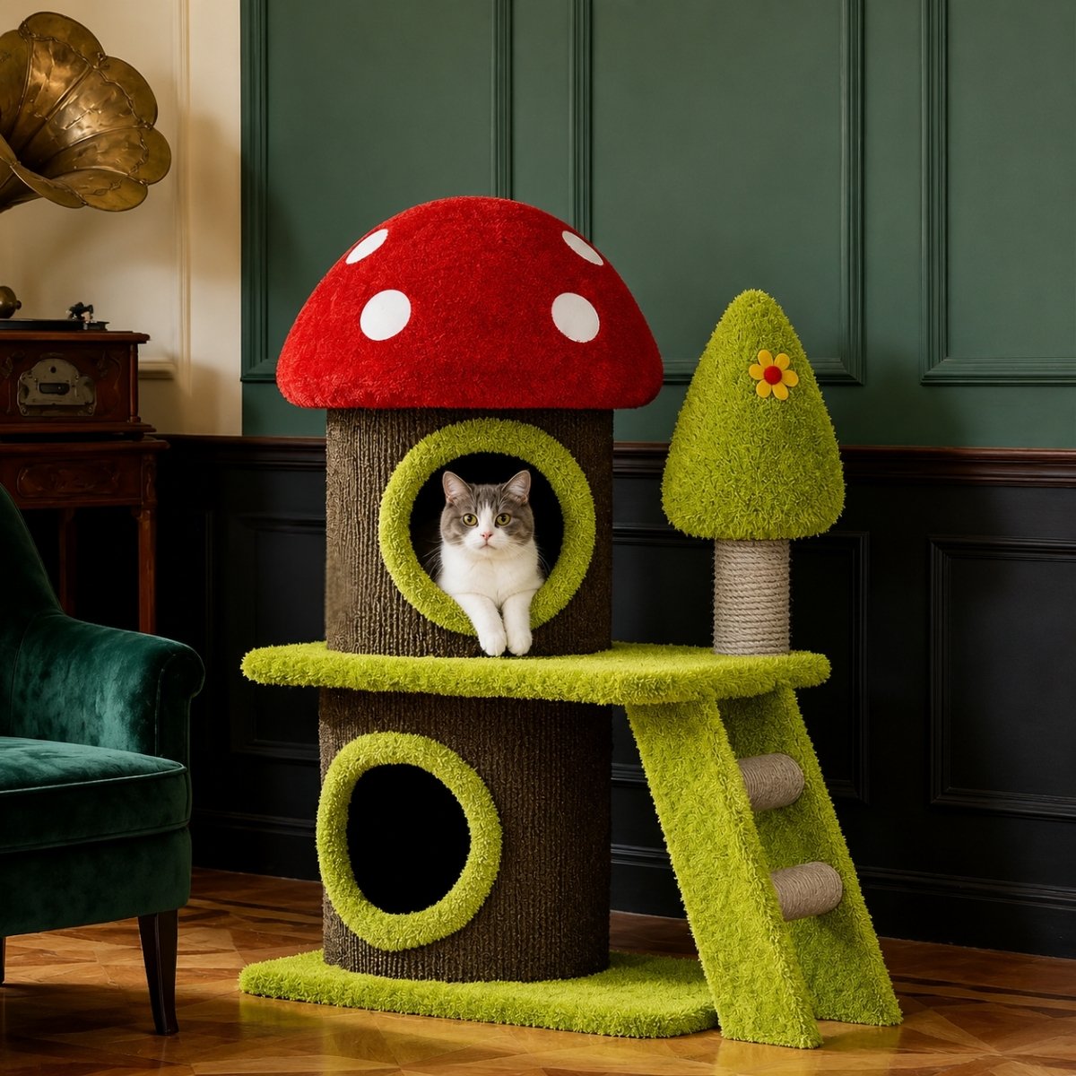 Rascador Hongo verde F4 Rascador Torre Hongo gimnasio Gris Casita Para Gatos 78cm (F4) - Image 1