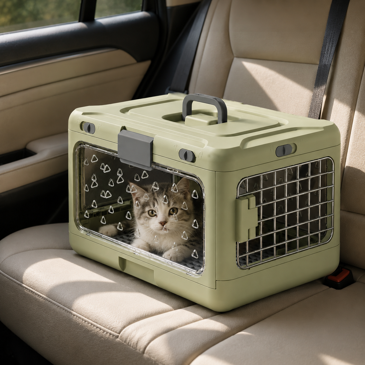Transportadora Canil para Gatos Perros Transparente Plegable Verde Pastel