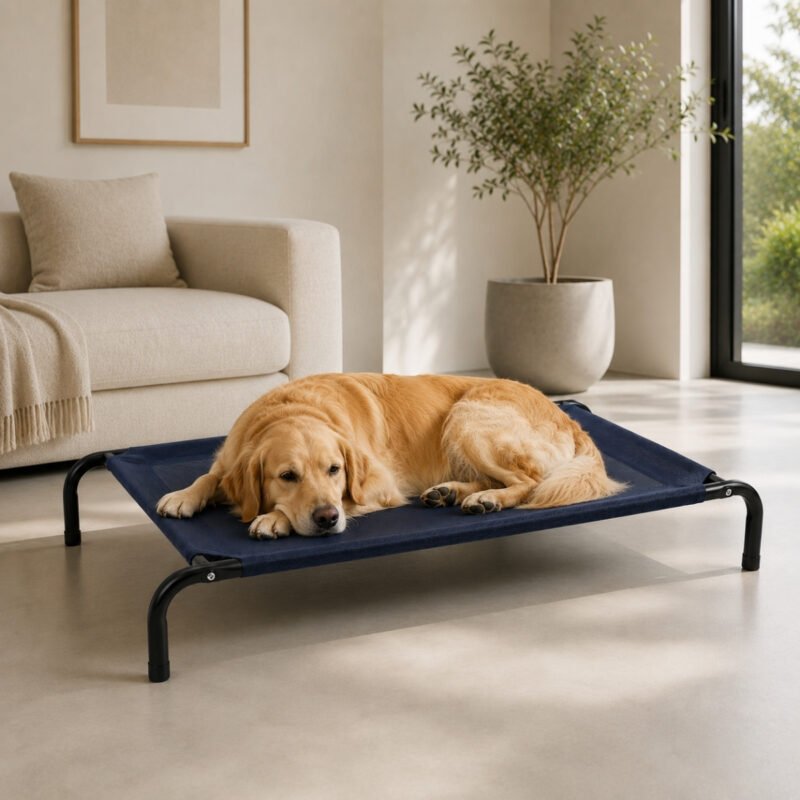 Cama elevada para perros chicos y gatos de 90x60x15 cm con malla Teslin reciclable y patas antideslizantes